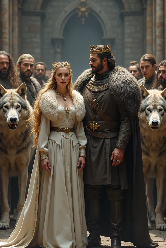 A woman with blonde hair with not so long golden strands, dressed like Sansa Stark wearing a crown, next to him a strong man like John Snow wearing a crown, in front of a wall.
Behind them men and big wolves