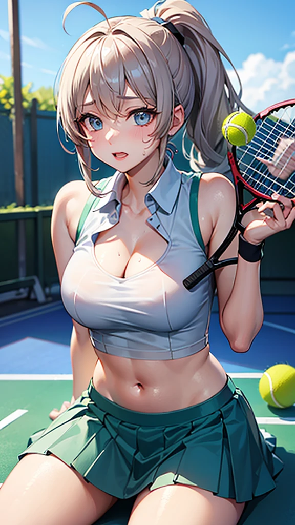 (masterpiece、Highest quality、))、beautiful detailed eyes 、ultra-detailed、 , Gray Hair、Ahoge、Long Hair, Blue eyes、ponytail 、big breasts、blurry background、bashful、pinup, play tennis, (swing tennis racket:1.1), wear tennis uniform, in Tennis court, (moving:1.2), tennis ball, hit the ball with a racket, some players、Panty shot、windy,floating hair、sitting、open clothes、cleavage、sweat,see-through,、stomach cutout,