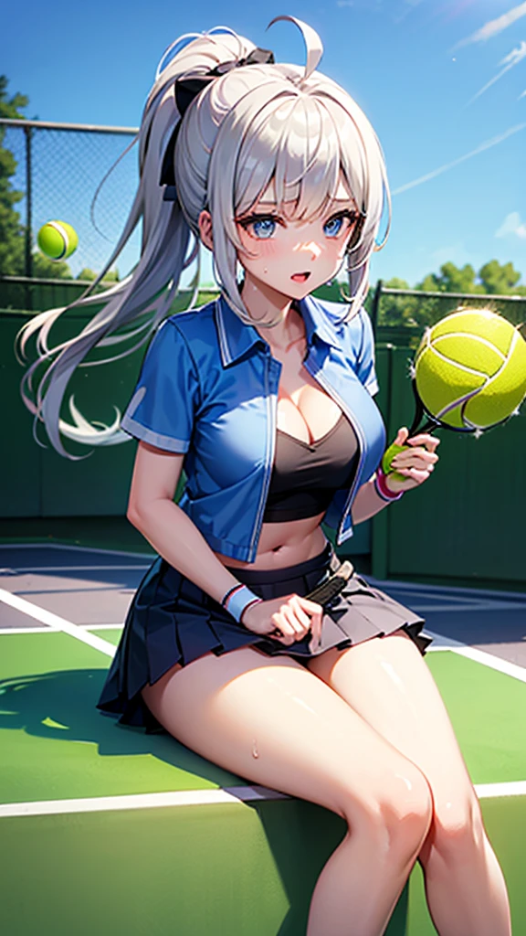 (masterpiece、Highest quality、))、beautiful detailed eyes 、ultra-detailed、 , Gray Hair、Ahoge、Long Hair, Blue eyes、ponytail 、big breasts、blurry background、bashful、pinup, play tennis, (swing tennis racket:1.1), wear tennis uniform, in Tennis court, (moving:1.2), tennis ball, hit the ball with a racket, some players、Panty shot、windy,floating hair、sitting、open clothes、cleavage、sweat,see-through,、stomach cutout,