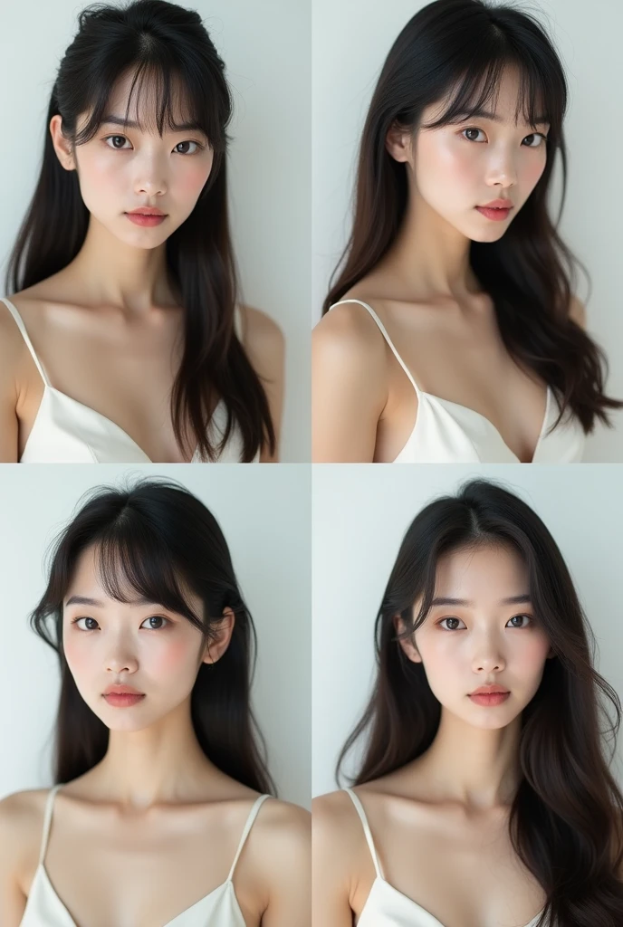 The image is a collage of four photos of a young asian woman with different long hair hairstyles, same face, thin face.