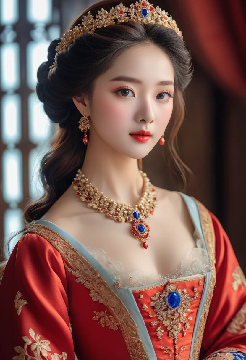 (best quality,4K,8K,high resolution,masterpiece:1.2),Extremely detailed,(Practical,photoPractical,photo-Practical:1.37),portrait,,Pastel,personalized masterpiece,18th century,Russian,noble,girl,noble Daughter,,Extremely beautiful,Face,Has dark blue eyes,Delicate nose,Sweet mouth,Porcelain skin,红扑扑的Face,Flowing long hair,Silk dress,Elegant Posture,Fine Jewelry,Embroidered lace collar,Grand Background,Rich interior,Faint golden light