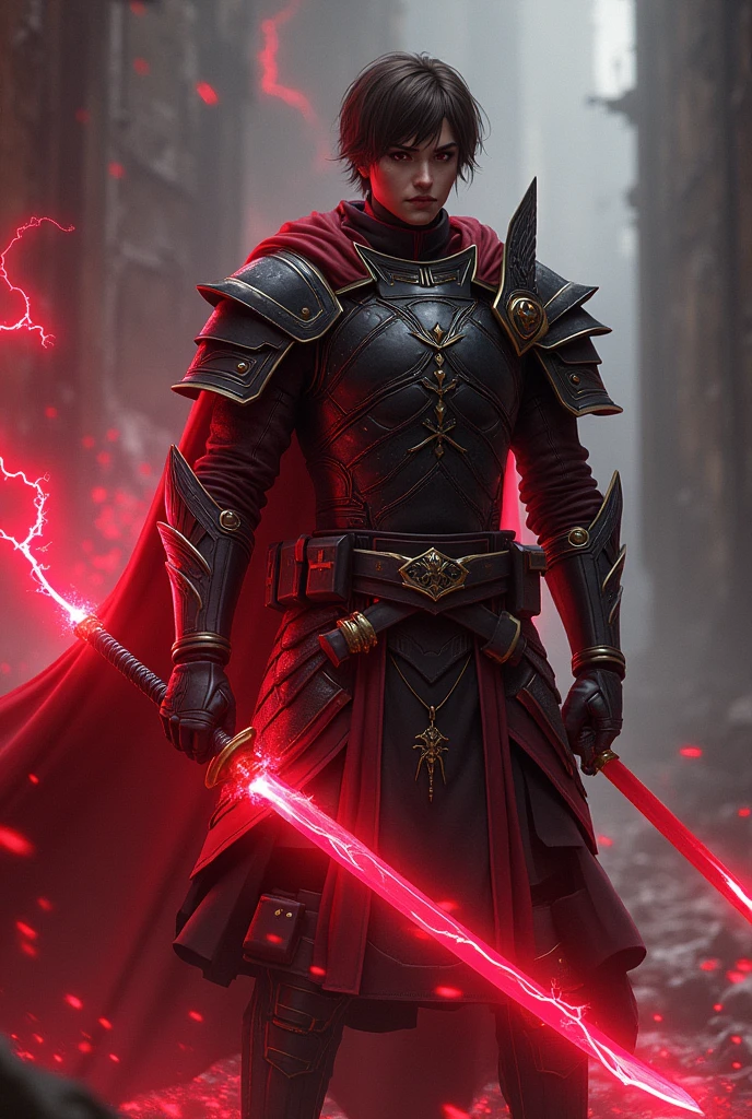 Red eyes Short hair Brown skin Black armor with neon crimson accents Wields a katana imbued with red lightning He is a knight