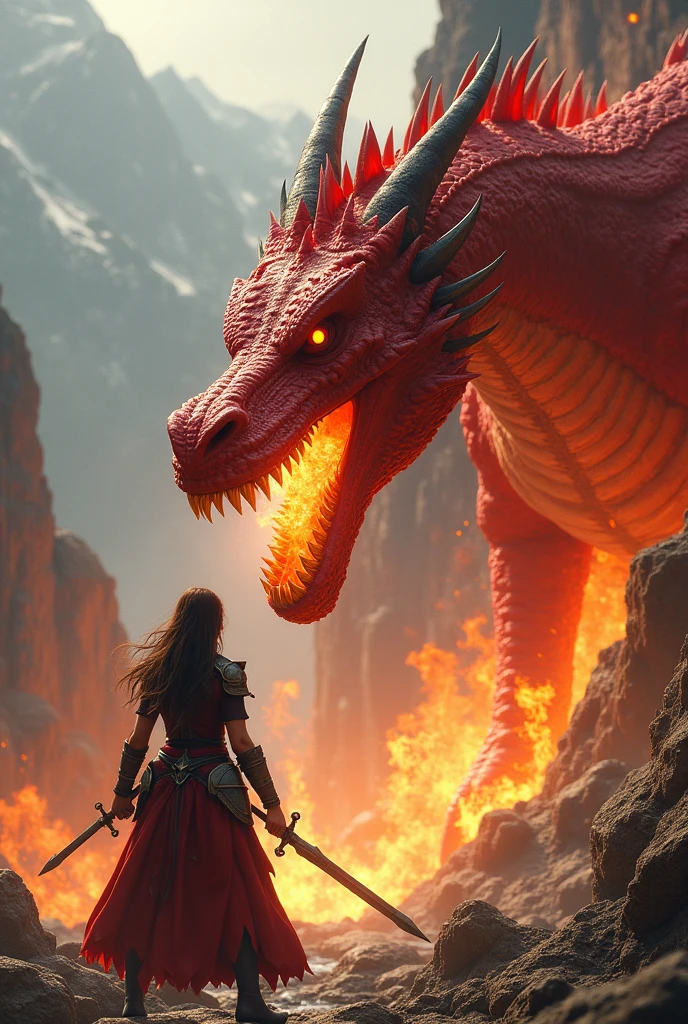 Human girl and red dragon fight