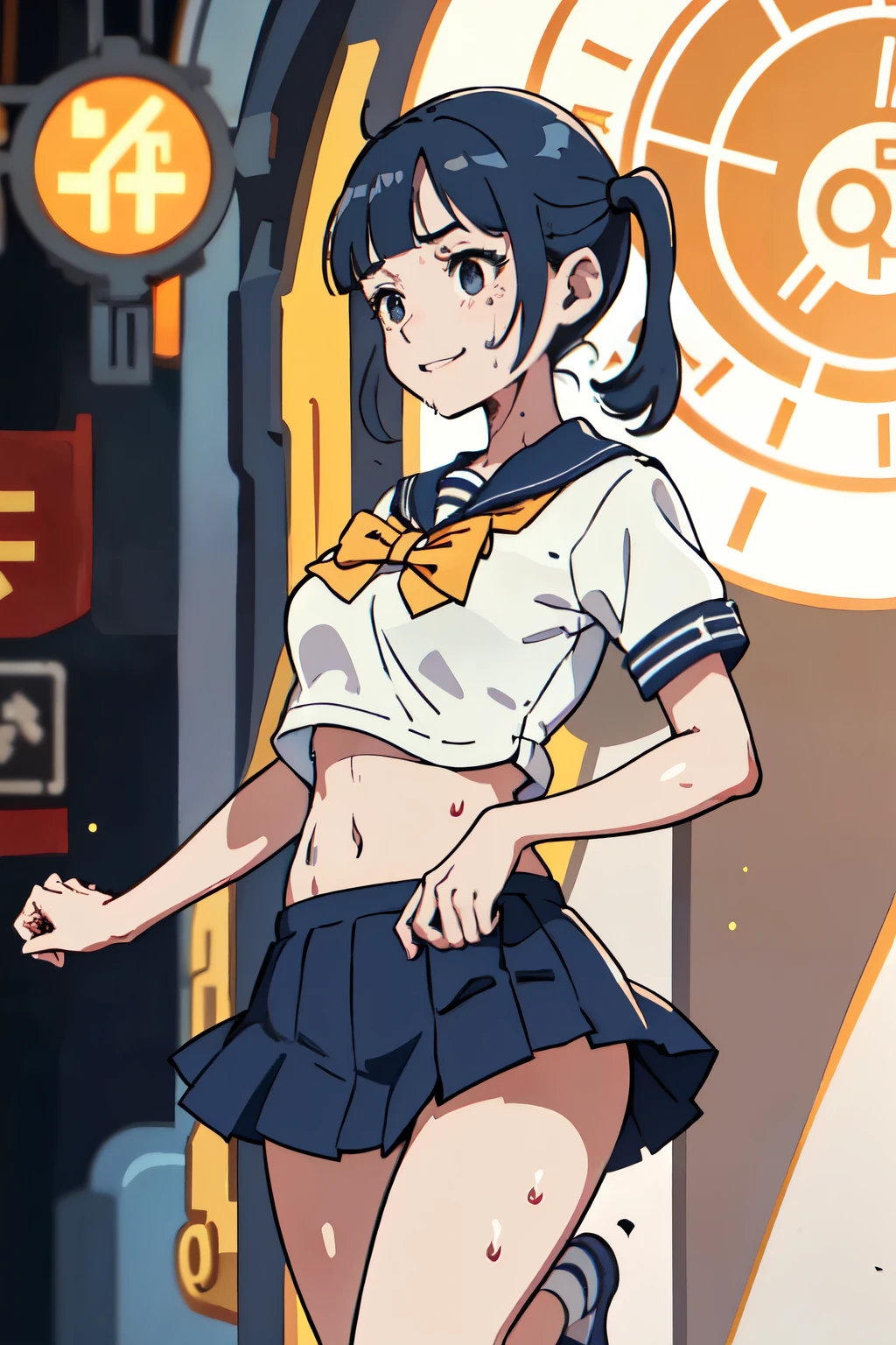 best quality, masterpiece, 1 girl, (standing on one leg:1.2), smile, (sweating a lot:1.3), (low short twintails hair with bangs:1.3), summer sailor uniform, short skirt, belly button, upskirt, (medium breast:1.3), (metro station:1.2), lively, bustling, cyber