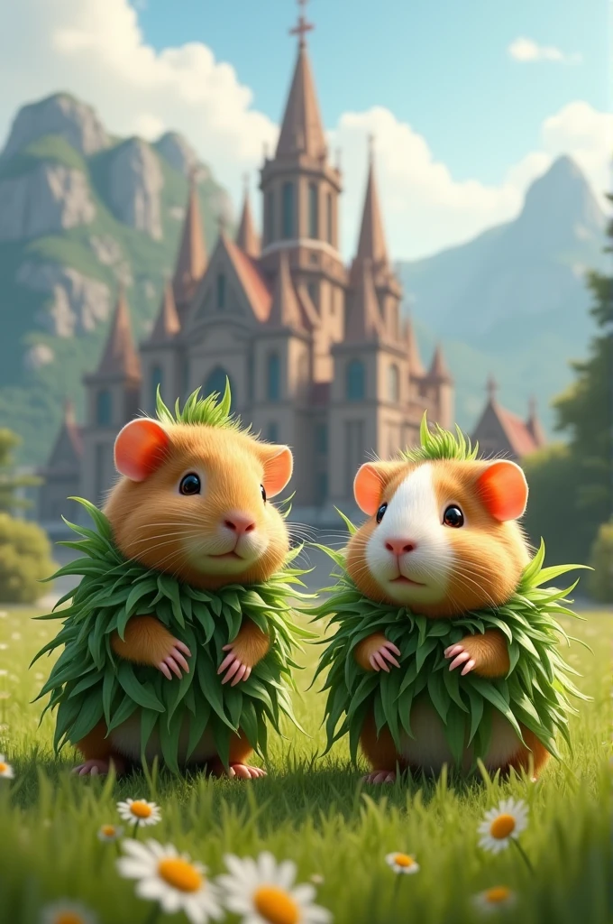 Act as a graphic designer and create a pair of guinea pigs with typical grass costumes and the sanctuary of Las Lajas in the background.