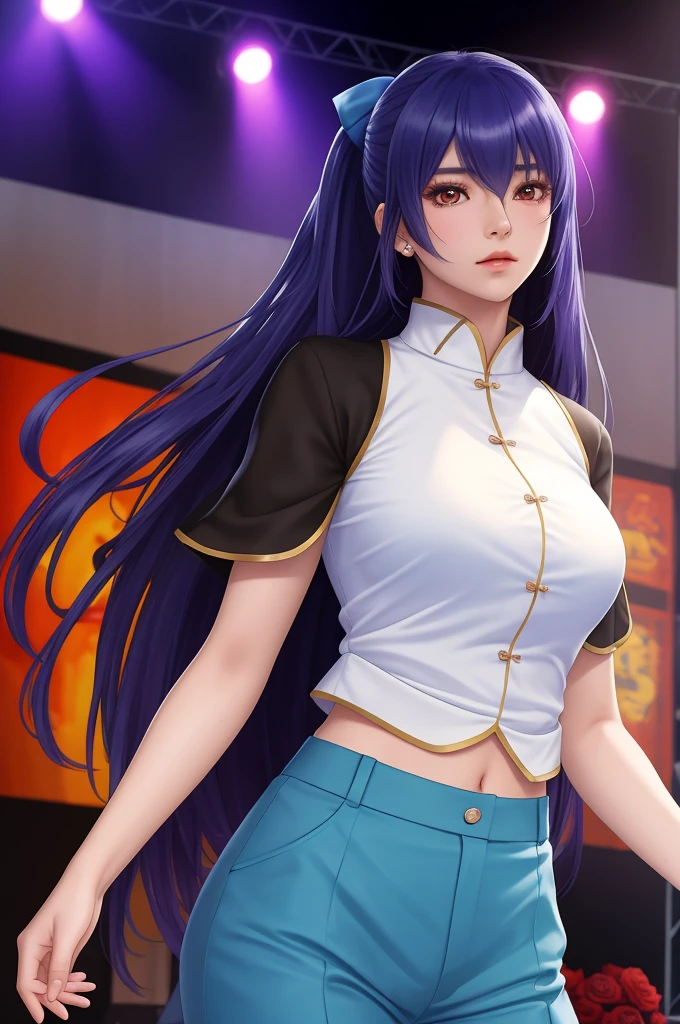 8k,highres,absurdres,masterpiece,best quality,original,extremely detailed CG,extremely detailed wallpaper,perfect lighting,1girl,solo,blurry_background,looking_at_viewer,standing on the stage,
akiyama_rinko, ella vestida con un pantalon olgado azul y una sudadera blanca y encima un chaleco azul con capucha, ella sosteniendo en sus brazos un ramo de rosas, caderas anchas y senos grandes 