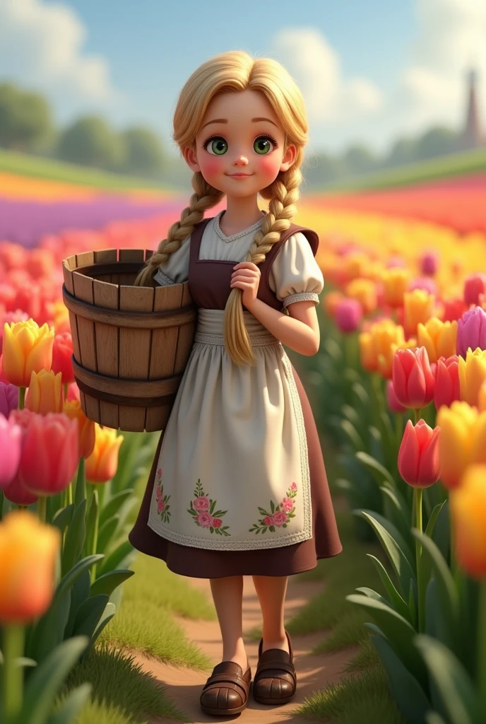 Dutch girl carrying a wooden bucket on her right shoulder and multi-colored tulips in the background