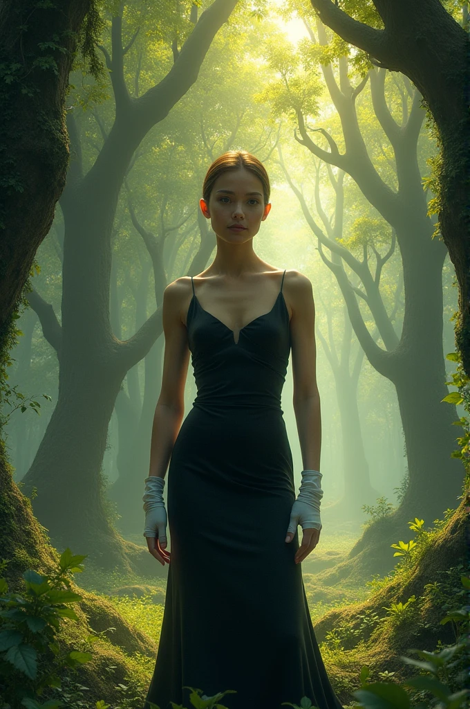 A humanoid female character, wearing a black dress and wearing white gloves start power becomes giant florest of home isolated