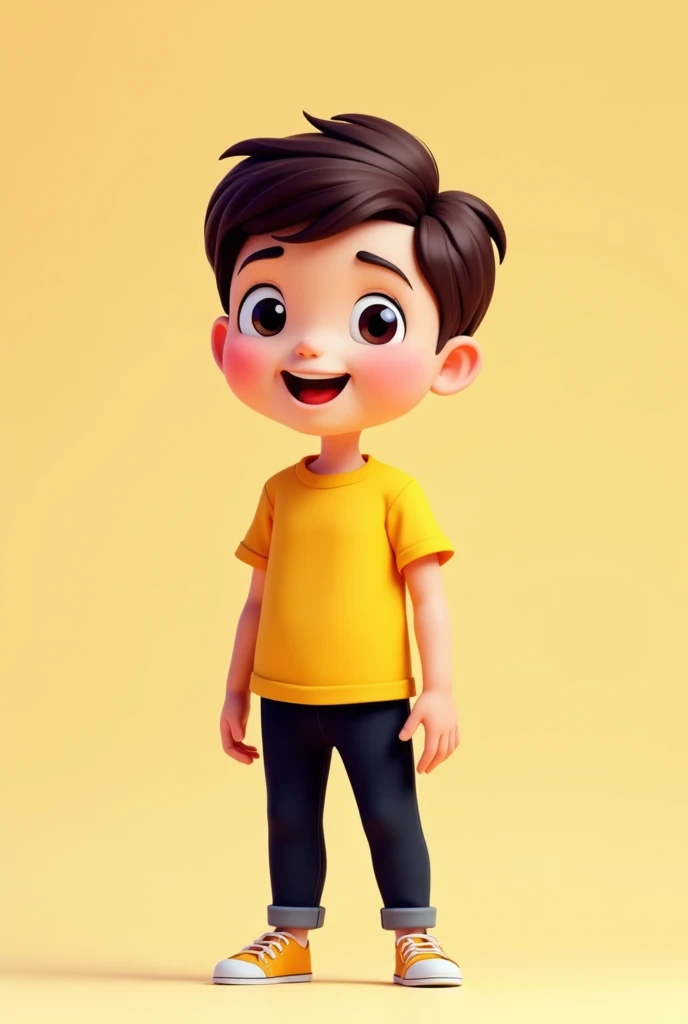Create an image in which a boy is standing and he is wearing a yellow coloured t-shirt and black coloured pants. The boy is 1. The boy is standing in the center of the image. The boy should look like a cartoon character