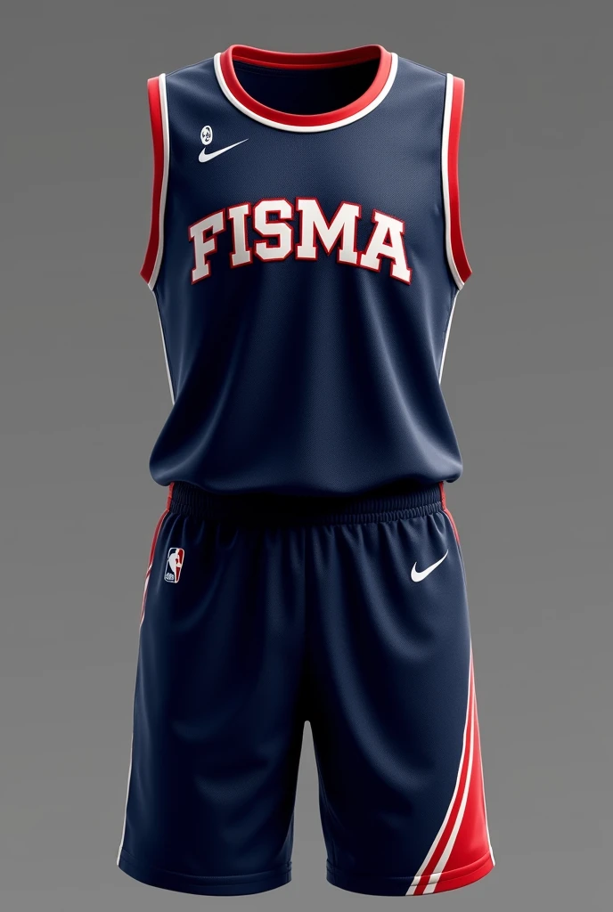 Navy blue with white and red non-NBA basketball jersey and shorts, that it is something personal and that it says FISMA on the chest in medium size, classic model, round neck