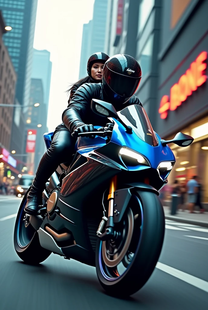 A man riding a black Ducati Panigale V4 with blue details and a woman on the back, both in motorcycle gear and helmet.