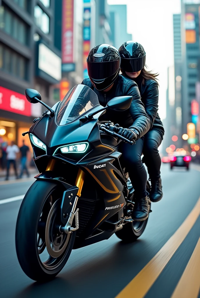 A man riding a black Ducati Panigale V4 with blue details and a woman on the back, both in motorcycle gear and helmet.