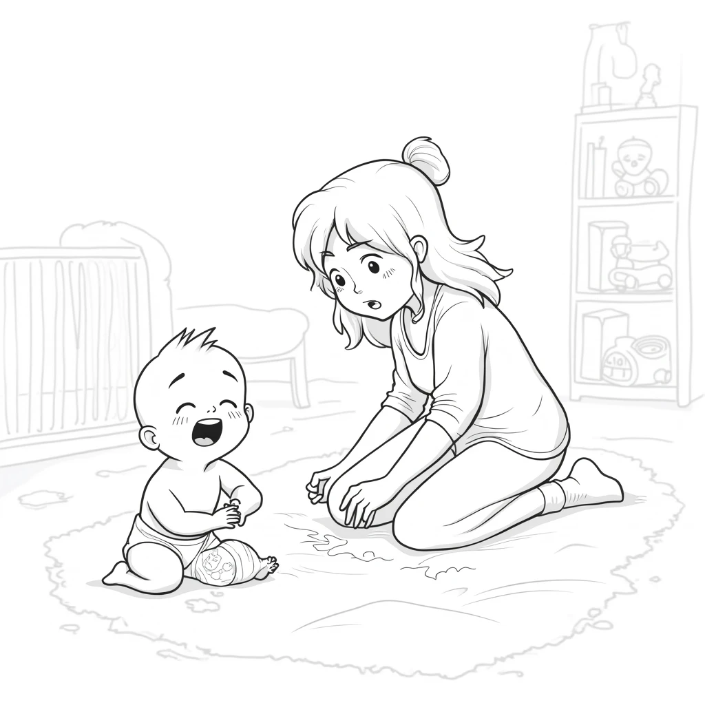 Draw a black and white picture, just lines, for a coloring book, of a funny scene of a mother looking frightened while changing her baby's diaper, who is laughing at the situation. All around, you can see that you're in the baby's room with details such as a rocking chair, cradle and shelves with toys.