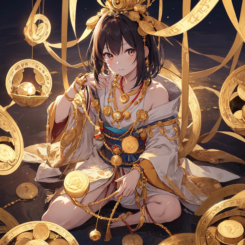 Young Japanese Woman, Captivating look。Necklace made of golden coins。He is sitting on a floating platform in the middle of a coin-shaped sphere.. The sphere has a golden coin pattern.。Surrounded by several spheres emitting a fiery aura. Dramatic lighting illuminates the scene, Casts a deep shadow on clothing. Young people seem confident and determined, vast and mysterious。High resolution, masterpiece, Highest quality, detail, 高いdetail, Hair that falls over the shoulders,
No wind、flame, Godley,