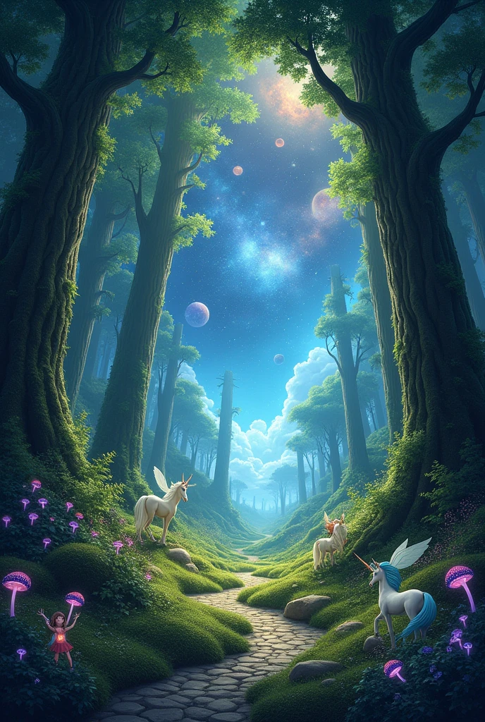 magical forest and at the end a space with planets