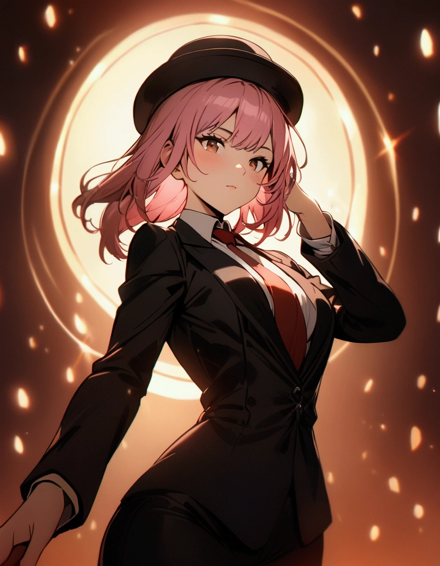 a girl with pink hair and brown eyes wearing a black suit with a red tie, black pants and a black bowler hat, delicate face, elegant pose, high resolution, cinematic lighting, warm tones, near perfect, masterpiece