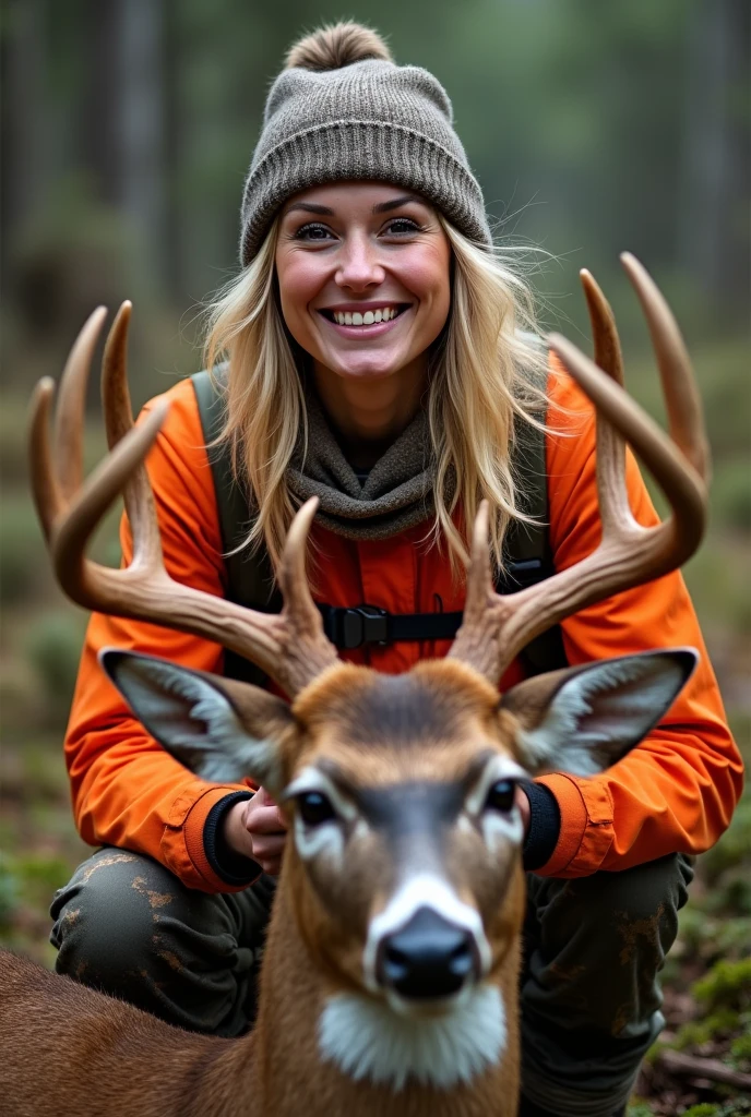 Make a blonde woman smiley in a camouflage and hunting orange looking at her 15 point whitetail buck she killed