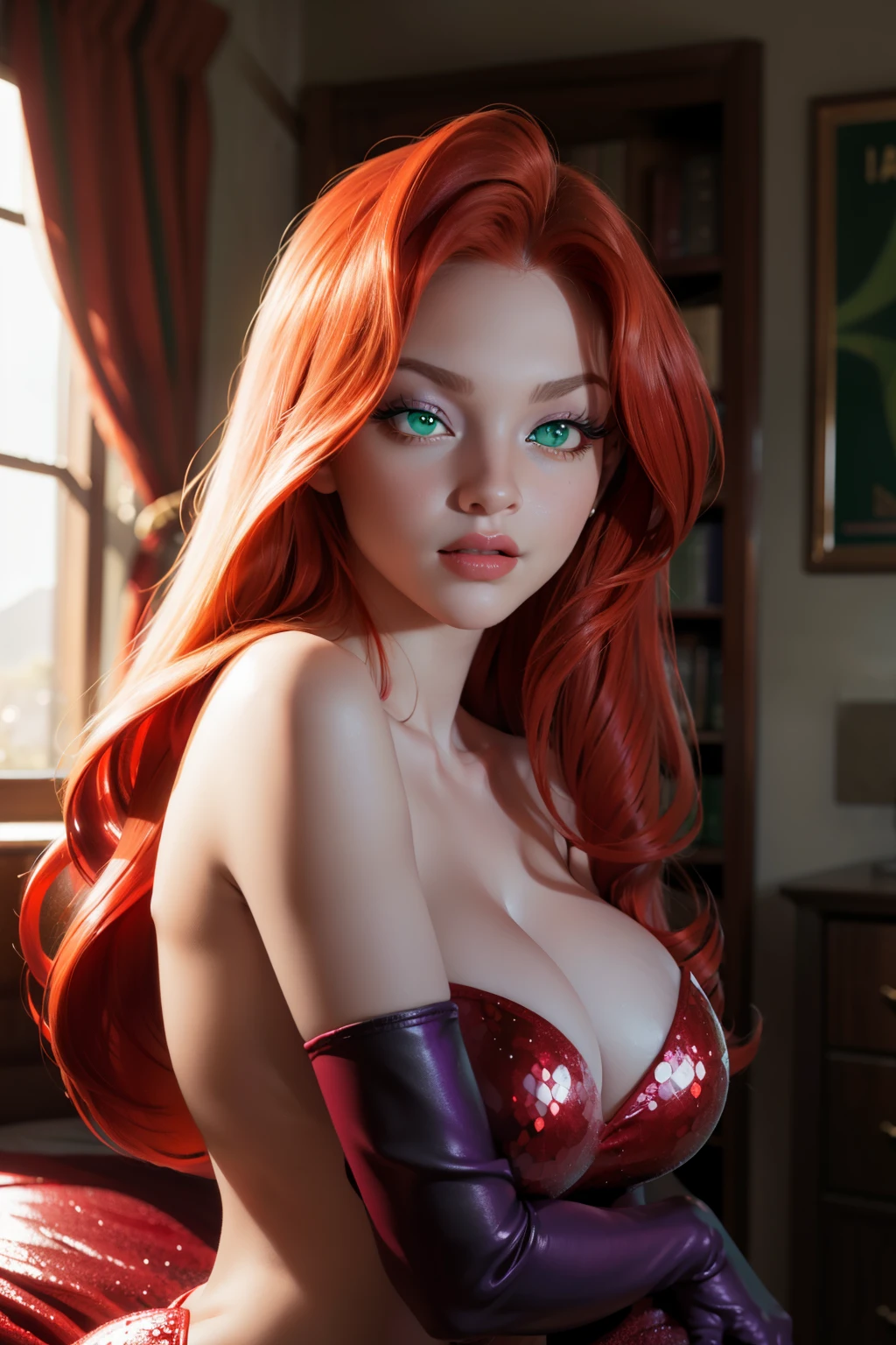 Score_9, score_8_up, score_7_up, 1girl, , ((Jessica Rabbit)), ((best quality)), ((green eyes:1.5)), ,straight long red hair, ((red hair:1.3)), (Jessica rabbit style hair:1.1), beautiful woman, ((milf woman)), A lock of her hair falls and covers one of her eyes., purple long gloves, digital art, 1girl, Big massive breasts, in a light house, upper body,big breasts, nipple slip, sENSUAL SMILE