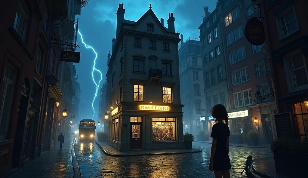 symmetrical image, old europe street, midnight, small hostel building, two floors, text says " HOSTEL BAIRON", hostel sandwitched beetween two high buildings, old london style, light rain, lightning, megapolis blurred lights on background, tourist bus driving away, girl standing close on right silloutte