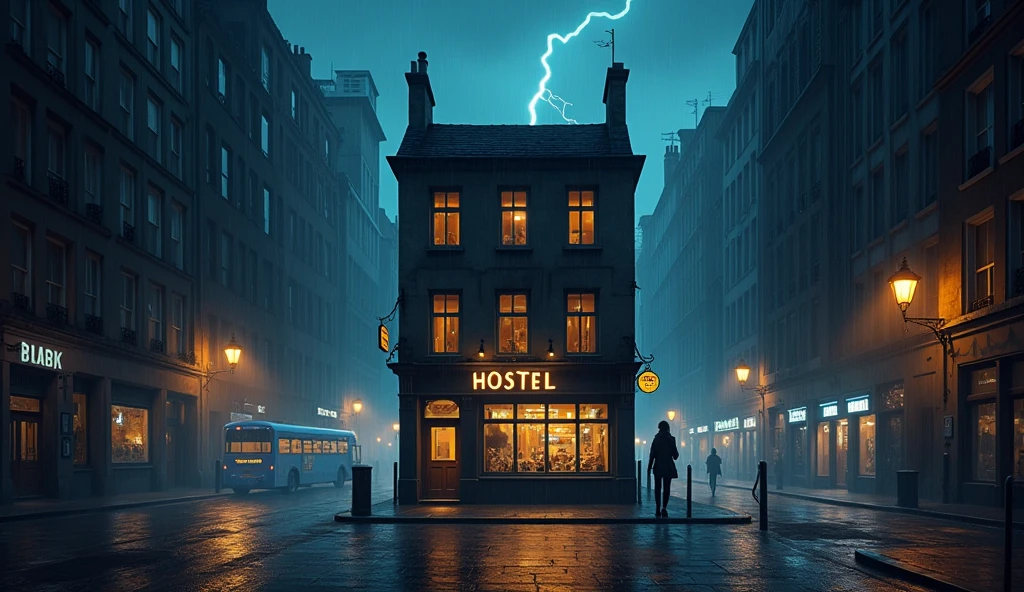 symmetrical image, old europe street, midnight, small hostel building, two floors, text says " HOSTEL BAIRON", hostel sandwitched beetween two high buildings, old london style, light rain, lightning, megapolis blurred lights on background, tourist bus driving away, girl standing close on right silloutte