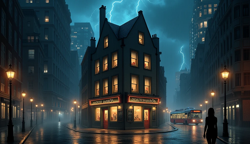symmetrical image, old europe street, midnight, small hostel building, two floors, text says " HOSTEL BAIRON", hostel sandwitched beetween two high buildings, old london style, light rain, lightning, megapolis blurred lights on background, tourist bus driving away, girl standing close on right silloutte