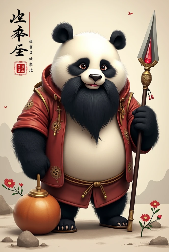 Chubby panda, black beard, simple Chinese clothing, gourd, forked tip spear with ruby embedded