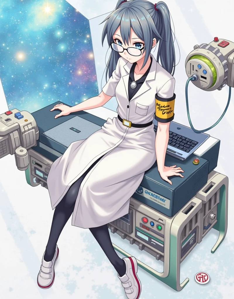 anime girl wearing glasses with ponytails sitting on machine with laptop and space in background, (ponytail forehead hair pulled back:1.3), (black hair:1.3), anime girl of the future, alchemist girl, labcoat, portrait anime space cadet girl,anime style, from girls frontline, fine details. girls frontline, girls frontline universe, girls frontline style, girls frontline, girls frontline cg, soft anime illustration, 2 0 2 2 anime style, 2022 anime style, pixiv contest winner, pretty anime character design, render of april
Estimate