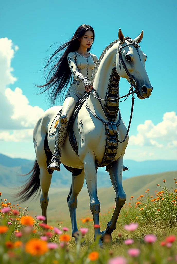 Hyper Realistic Photo Of Hero cyborg half human half machine with head of beautiful korean woman long hair on the top of her Machine horse walking through green lush savanna and flowery with blue sky resemble horizon zero dawn world