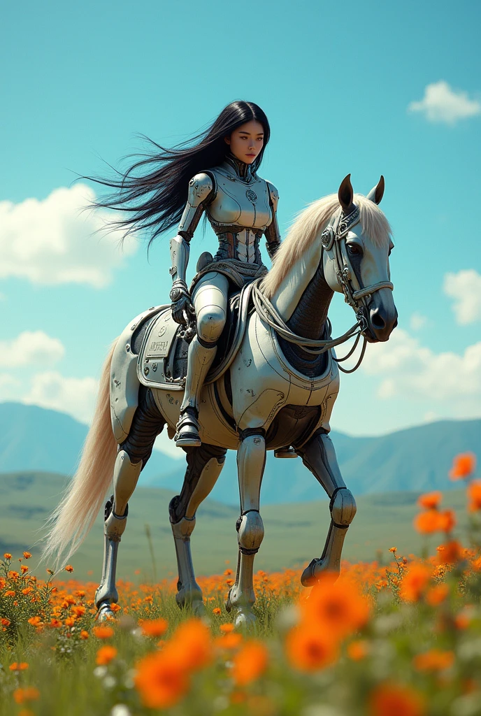 Hyper Realistic Photo Of Hero cyborg half human half machine with head of beautiful korean woman long hair on the top of her Machine horse walking through green lush savanna and flowery with blue sky resemble horizon zero dawn world