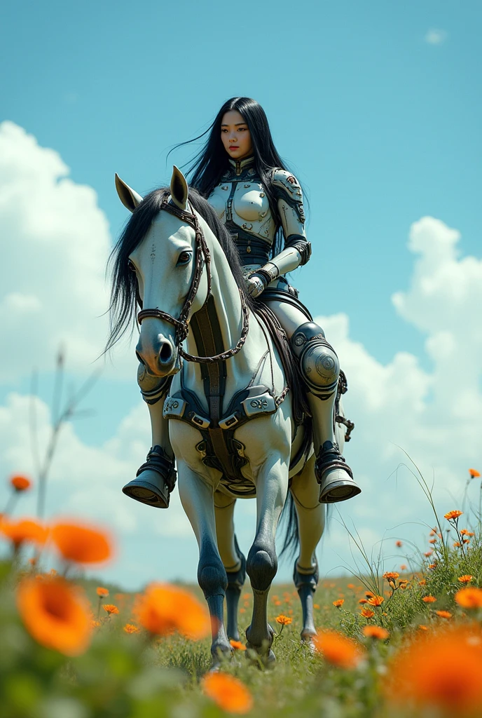 Hyper Realistic Photo Of Hero cyborg half human half machine with head of beautiful korean woman long hair on the top of her Machine horse walking through green lush savanna and flowery with blue sky resemble horizon zero dawn world