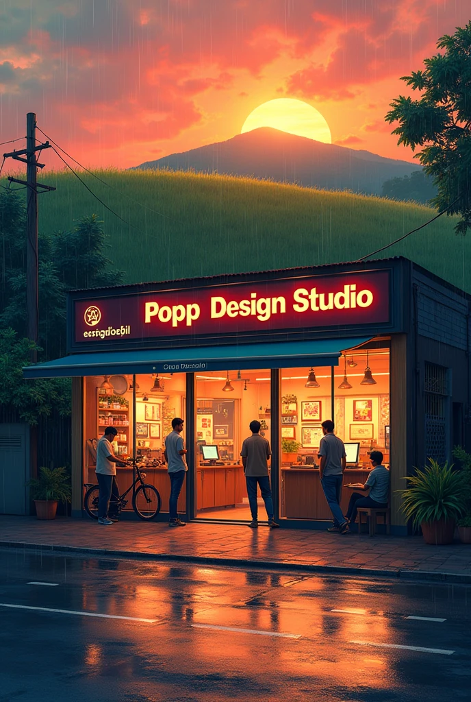 Big 
Graphic design studio in city street with studio name
 ,with grenaey hill background, orange evening sky rainy water on road anime in India
