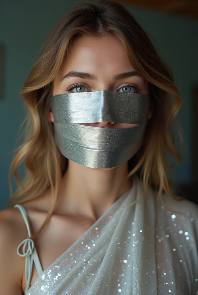 Aesthetic  girl blindfolded duct tape gagged in silver sparkling shimmering saree taking selfie tape gagged