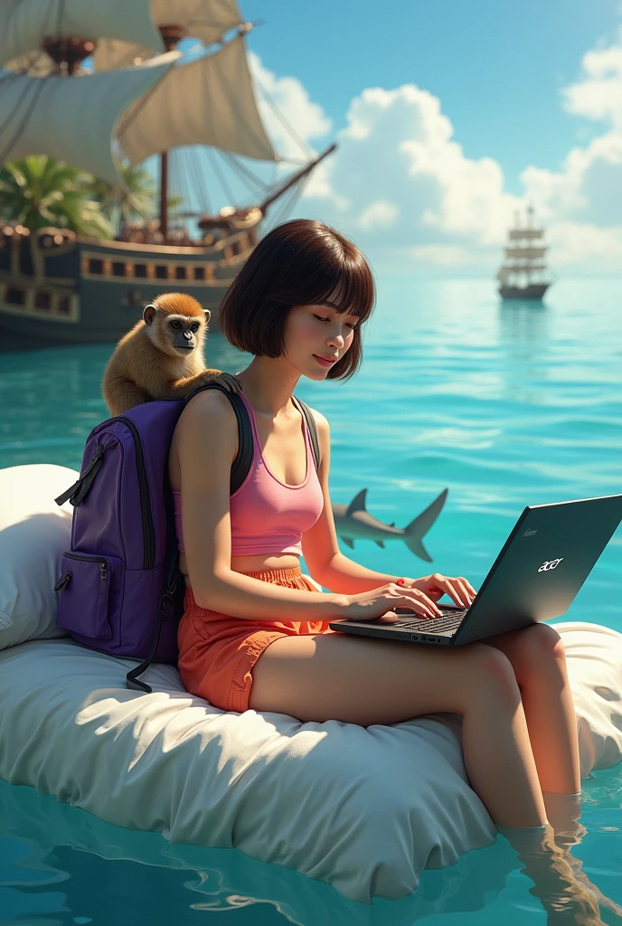 Realistic woman, tan skin, sitting on bed, floating in the ocean, playing Acer laptop, acer logo on laptop, wearing pink top, orange short, purple bag pack , short bang brown hair, monkey on her shoulder, pirate ship and shark in background, sunlight, realistic, intricate details, acer
