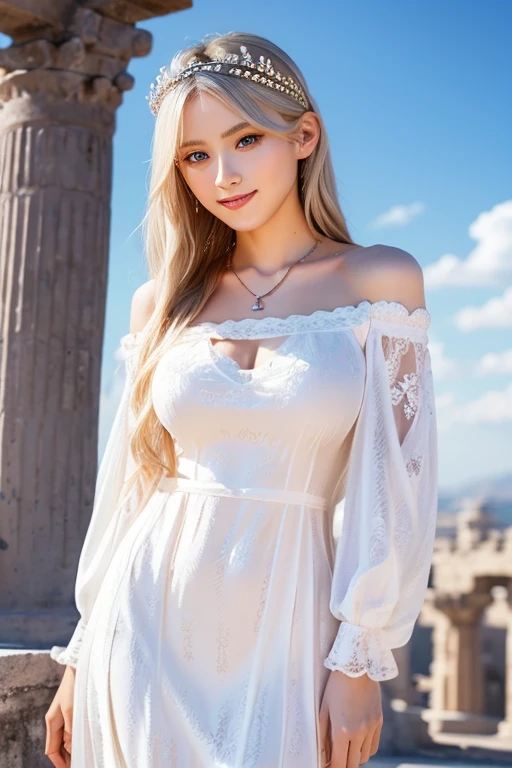 (Highest quality,High resolution,masterpiece,8k),Bright and vibrant colors,Official artwork,Standing posture,(Above the knee shot),Stylish makeup,Medium-long silvery blonde hair blowing in the wind、tiara,necklace,Captivating eyes,Glossy Lips,Off the shoulder、White lace dress,Cute girl with ample breasts,Beautiful neckline, Holding,(Captivating smile),Solemn atmosphere,Greek Mythology,Ancient and majestic temple、Digital Art,Detailed CG,