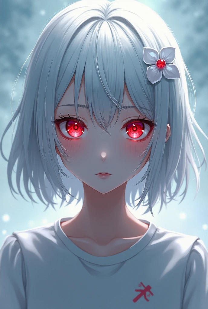 A white-haired girl with red anime-style eyes and no clothes showing her chest
