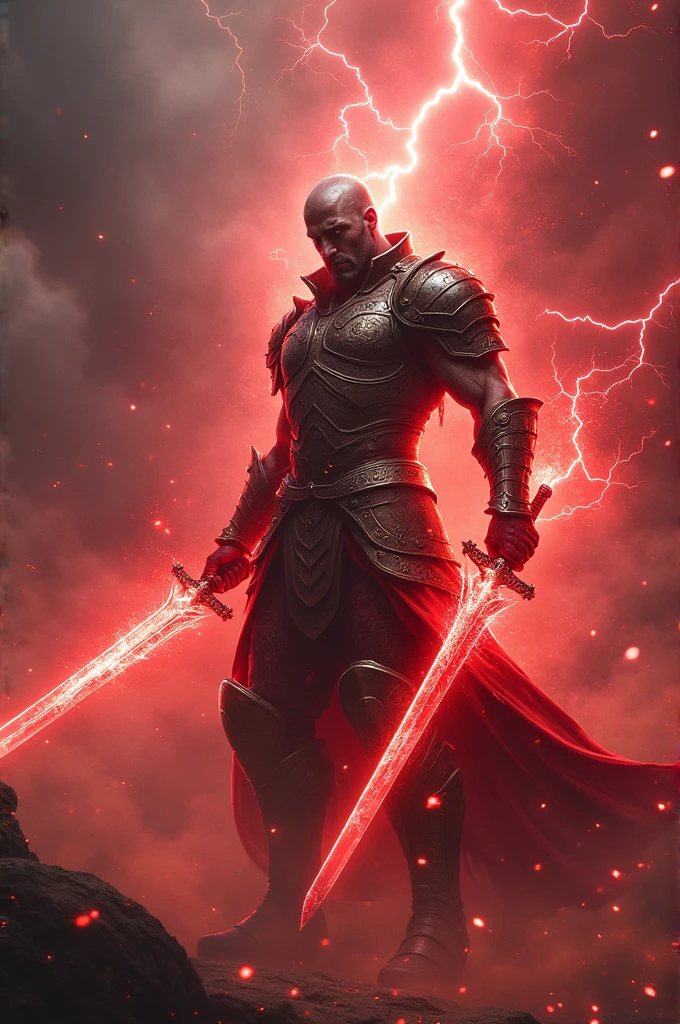A swordsman with red lightning swords and armor