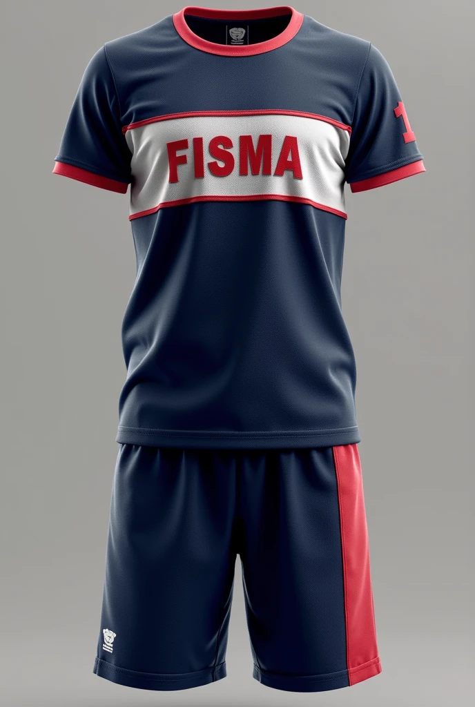 Navy blue with white and red non-NBA basketball jersey and shorts, that it is something personal and that it says FISMA on the chest in medium size, classic model, round neck, with a running font