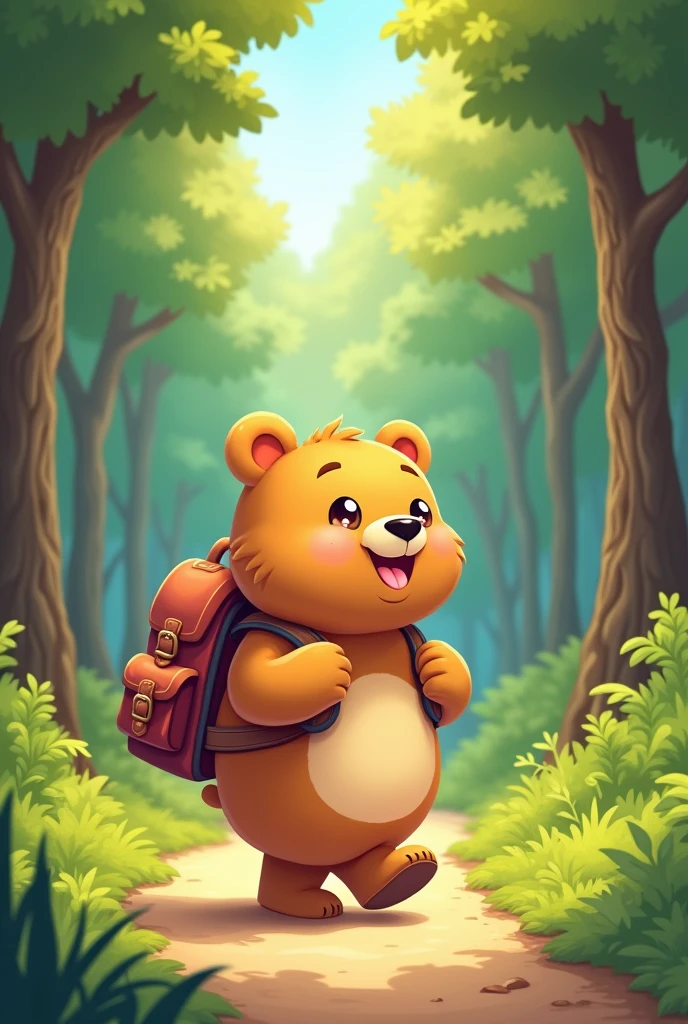 I want a picture of a happy little bear walking away from the forest with a backpack in a cartoon style