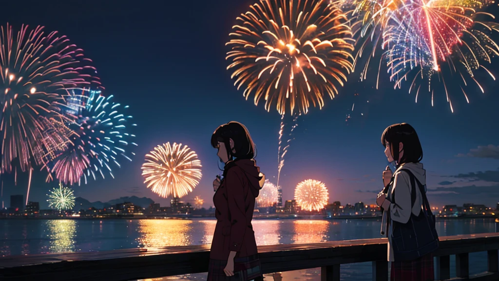 (masterpiece:1.4), (Highest quality:1.4), Very detailed, Complex, Super detailed, night、firework、Girl、4K、8k