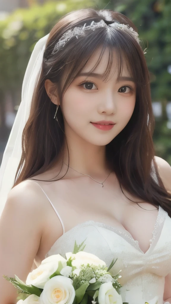 8k,Highest quality,(masterpiece:1.2),(Realistic),(Realistic:1.37),Ultra-high resolution,1 female college student,smile,Beautiful Eyes,Holding a bouquet,English Garden,(((Wedding dress))),Big Breasts,Perfect body,Perfect Fingers,Professional Lighting,gravure,Detailed face and skin texture,fine grain,RAW Photos