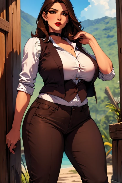 The woman, (((shirt, shirt, vest, best, pants))), Boots, Cuba in the background, jungle, Very detailed, Realistic long-term photography, 4k, by the wide, brown hair, By the chestnut, Red lips, choker, shocks, sexy,red lips, brown eyes, big breasts, big breasts, breasts, Lucia Auditore