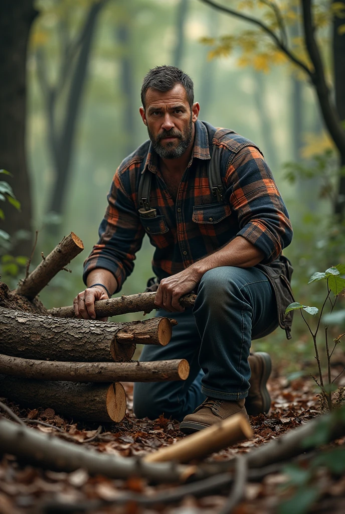 (photorealism:1.2), man collecting firewood