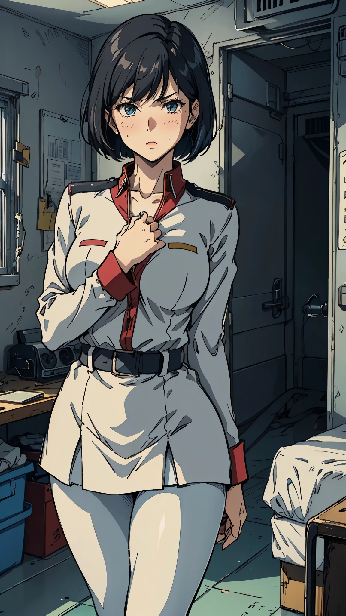 from side ,from below,Female Pilot in Robot Animation,eff officeruniform,80's theatrical cartoon style , Uniforms with open bosom,female pilot trying to change clothes, in her room in the base,Put your own hand on your own chest.hand on own chest,{{Very Aesthetic}},{{masterpiece}}, {{{Highest quality}}},{{Very detailed}},1girl, skirt,White pantyhose,Bad mood,blush,Sweat, collarbone ,Loose-fitting long-sleeved inner shirt under uniform,Black hair ,Bob cut ,(Realistic, photo ), (reality: 1.4),looking at viewer