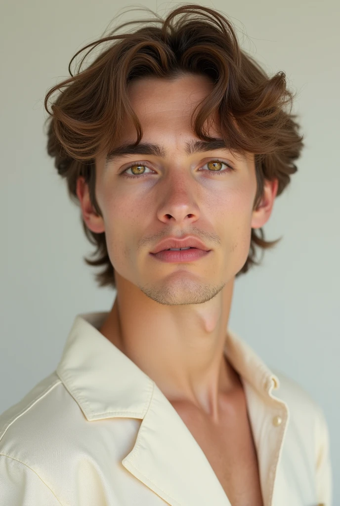 college boy, 19yearsold, lightBrown hair , offwhite  ,wavy and medium hair , amber eyes , of 60 kg and making a statement

