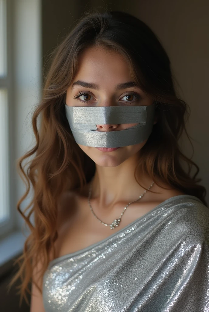 Aesthetic  girl blindfolded duct tape gagged in silver sparkling shimmering saree taking selfie tape gagged