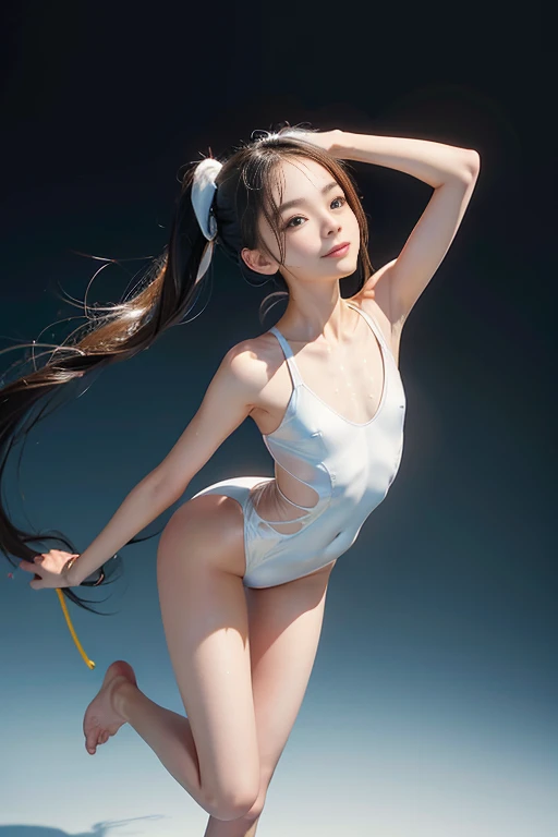 highleg, high cut, too small White leotard , Arch your back, put your hips forward, jumping, y-shaped balance, rhythmic gymnastics, aerobic dance,wet, oily body, long legs,Young looking girl、Truly beautiful、Small breasts ,Flat chest、whole body、Slim figure、Young Face、Baby Face、Wet、 Transparent nipples、cameltoe、frontlight、whole body、thin waist、thin legs、Beautiful Skin、twintail、room, smile、look up, Simple Background,