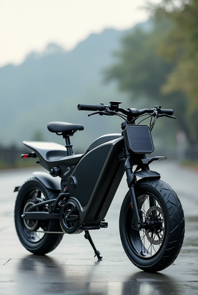 A thin and light electric bicycle made of carbon material, with a smart display for the rider to see that offers information about the bike, routes, and modes, similar to a tablet. The bike has a small solar panel on the front.. Es multifuncional y adecuada para todo tipo de routes, adaptable for up to two people with an additional cushion in the back. besides, The bike can be folded in half at the center for easy portability