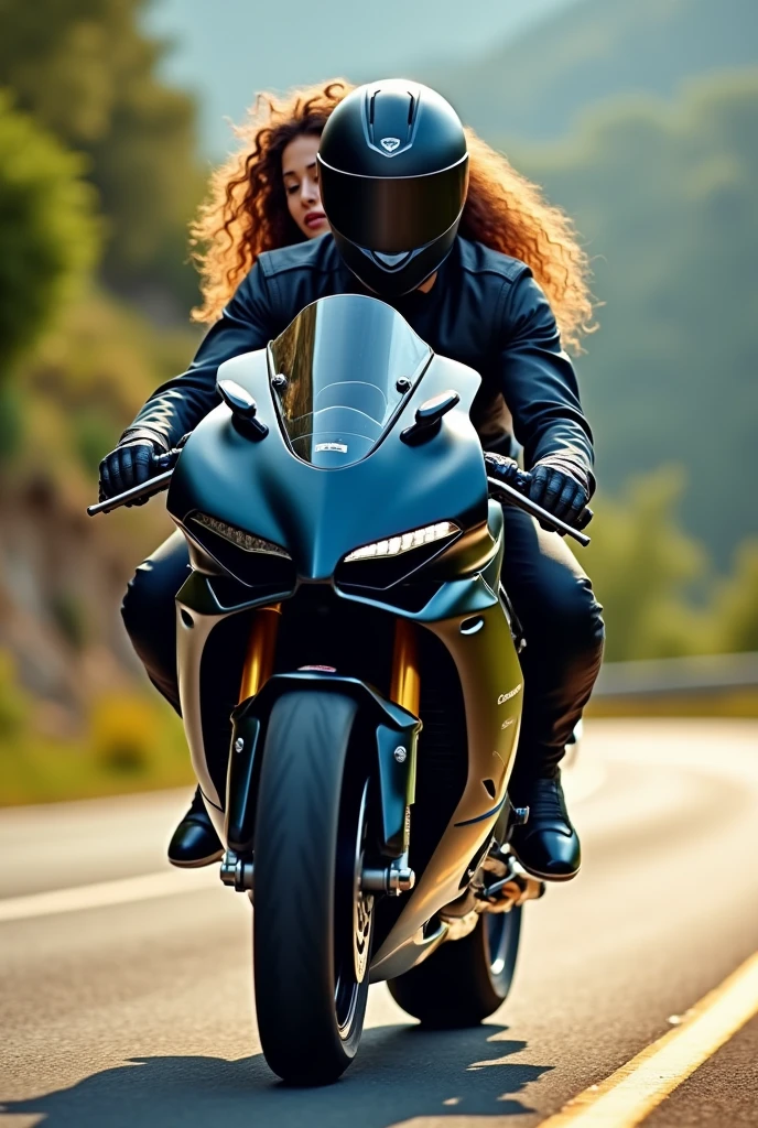 A man riding a black Ducati Panigale V4 with blue details and a woman with curly hair on the back, both in motorcycle gear and helmet.