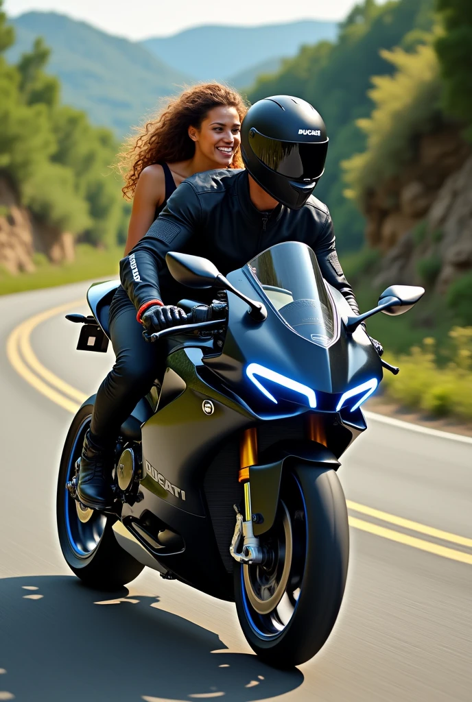 A man riding a black Ducati Panigale V4 with blue details and a woman with curly hair on the back, both in motorcycle gear and helmet.