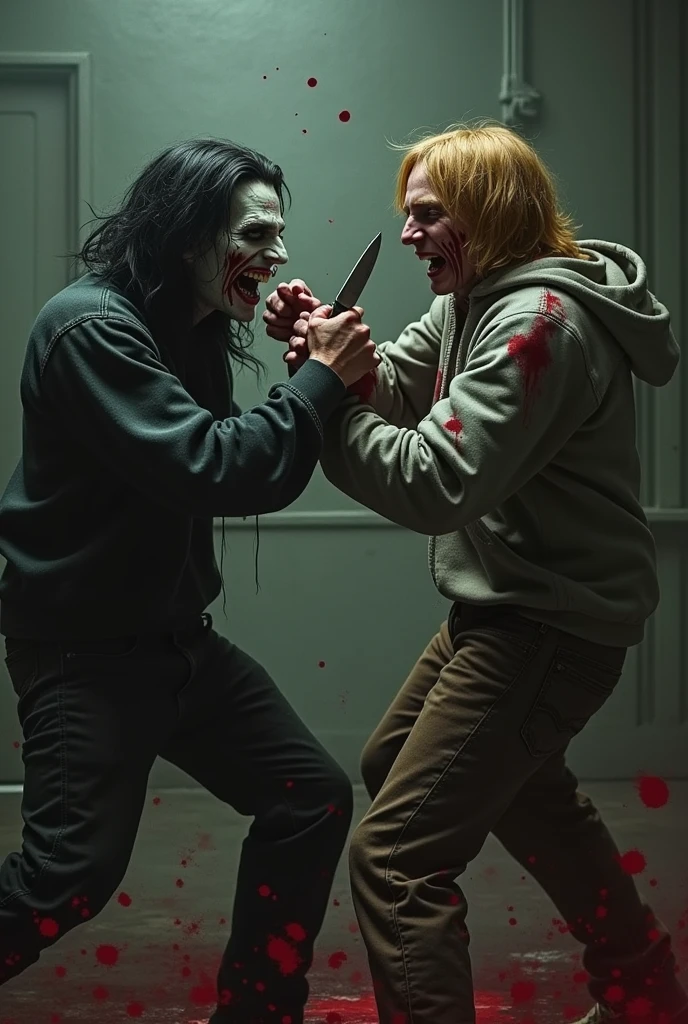 Jeffery dahmer vs jeff the Killer ..battle ..with blood and gore
Jeff the Killer is a fictional character from the creepypasta subgenre of online horror fiction. He is depicted as a pale, noseless man with long black hair and a twisted slit smile . He is known for his catchphrase, "Go to sleep," which he says before committing murder.
According to a YouTube video, Jeff the Killer may have originated from a photoshopped image of Katy Robinson, a girl who died by suicide after being bullied online..he carries a knife..he is 1
Jeffrey dahmer is a cannibal killer who kills and eats men is normally seen wearing glassses. ..a grey hoodie ..black jeans and having blonde hair ..he uses his fists..he is 2